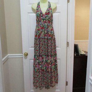 Floral Halter Neck Maxi Sundress sz M Smocked Tiered Chiffon
